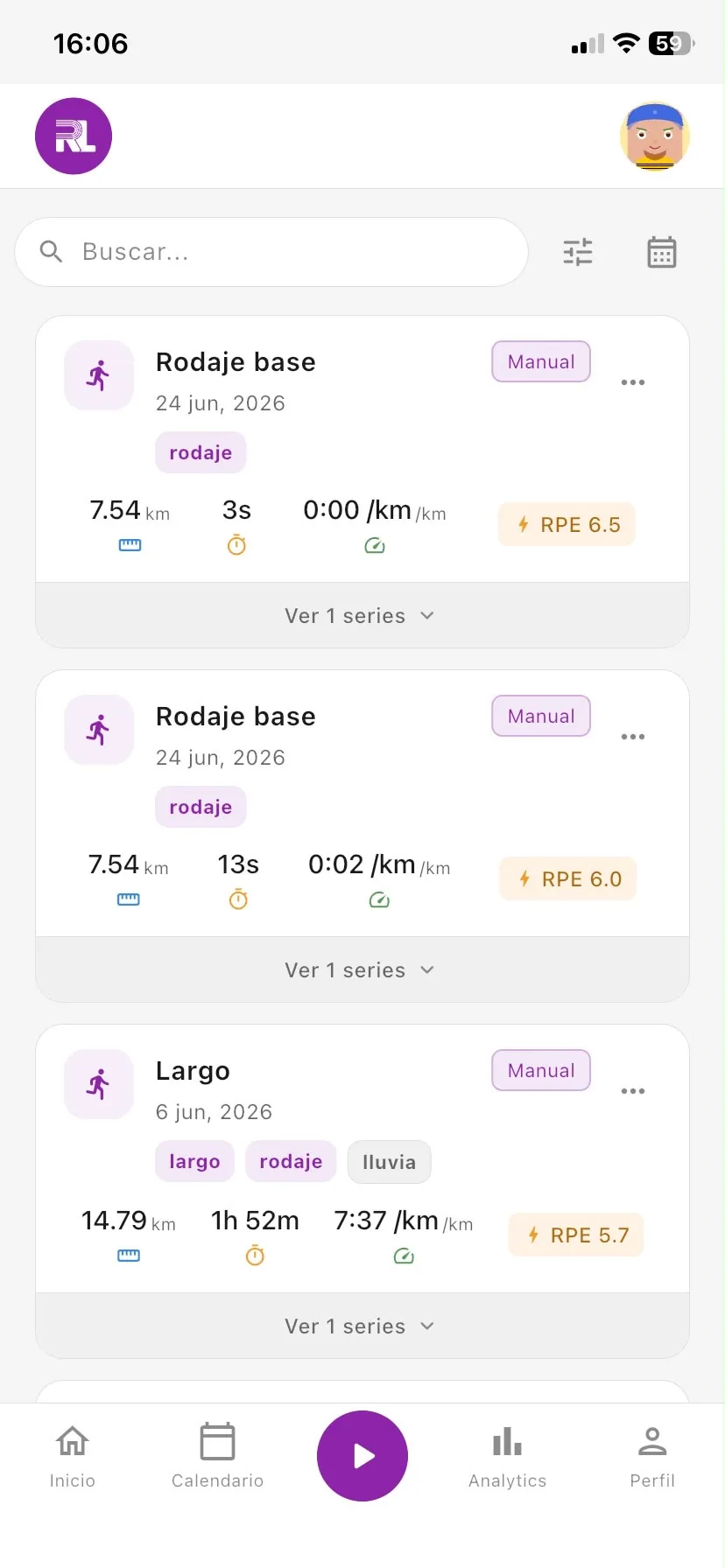 Historial de sesiones con RPE y etiquetas