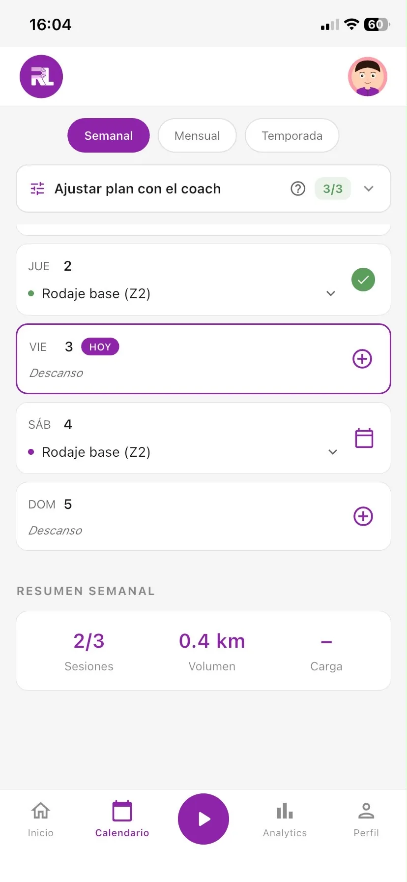 Plan semanal generado por el coach IA